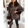 Tmavo hnedý koženkový elegantný kabát MOKARYA s kožúškom