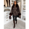 Tmavo hnedý koženkový elegantný kabát MOKARYA s kožúškom