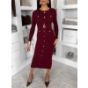 Vínové úpletové elegantní šaty CRESTILO s dlouhým rukávem (Veľkosť M/L)