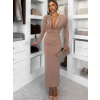 Svetlo hnedé dlhé šaty MARVO s hlbokým výstrihom