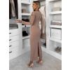 Světle hnědé dlouhé šaty MARVO s hlubokým výstřihem (Veľkosť ONESIZE)