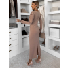 Svetlo hnedé dlhé šaty MARVO s hlbokým výstrihom