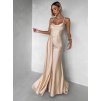 Béžové zlaté spoločenské dlhé šaty SATIN s rázporkom
