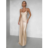 Béžové zlaté spoločenské dlhé šaty SATIN s rázporkom