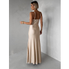 Béžové zlaté spoločenské dlhé šaty SATIN s rázporkom