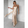 Béžové zlaté spoločenské dlhé šaty SATIN s rázporkom