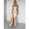 Béžové zlaté spoločenské dlhé šaty SATIN s rázporkom