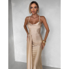 Béžové zlaté spoločenské dlhé šaty SATIN s rázporkom