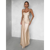 Béžové zlaté spoločenské dlhé šaty SATIN s rázporkom