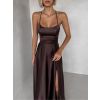 Hnědé dlouhé plesové společenské šaty CELLINES se šněrováním a rozparkem (Veľkosť L)