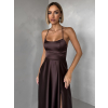 Hnedé dlhé plesové spoločenské šaty CELLINES so šnurovaním a rázporkom