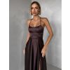Hnědé dlouhé plesové společenské šaty CELLINES se šněrováním a rozparkem (Veľkosť L)