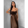 Hnědé saténové dlouhé společenské šaty LUNOREX (Veľkosť ONESIZE)