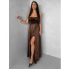 Hnědé saténové dlouhé společenské šaty LUNOREX (Veľkosť ONESIZE)