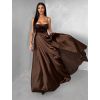 Hnědé saténové dlouhé společenské šaty LUNOREX (Veľkosť ONESIZE)
