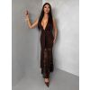 Hnědé společenské dlouhé krajkové vázací šaty ZERULON (Veľkosť ONESIZE)
