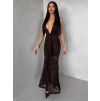 Hnědé společenské dlouhé krajkové vázací šaty ZERULON (Veľkosť ONESIZE)