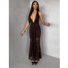Hnědé společenské dlouhé krajkové vázací šaty ZERULON (Veľkosť ONESIZE)