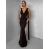 Hnedé spoločenské dlhé viazacie šaty RAVILETA s vlečkou