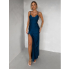 Petrolejová dlhé saténové spoločenské šaty ORIXY s výstrihom