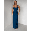 Petrolejová dlhé saténové spoločenské šaty ORIXY s výstrihom
