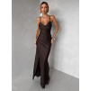 Tmavo hnedé dlhé saténové šaty ORIXY s výstrihom