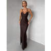 Tmavo hnedé dlhé saténové šaty ORIXY s výstrihom