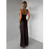Tmavo hnedé dlhé saténové šaty ORIXY s výstrihom