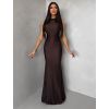 Tmavě hnědé saténové dlouhé společenské šaty LETERA s řasením (Veľkosť ONESIZE)