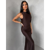 Tmavo hnedé saténové dlhé spoločenské šaty LETERA s rázporkom