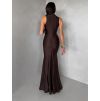 Tmavě hnědé saténové dlouhé společenské šaty LETERA s řasením (Veľkosť ONESIZE)