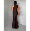 Tmavo hnedé saténové dlhé spoločenské šaty LETERA s rázporkom