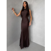 Tmavo hnedé saténové dlhé spoločenské šaty LETERA s rázporkom