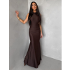 Tmavo hnedé saténové dlhé spoločenské šaty LETERA s rázporkom