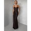 Tmavě hnědé společenské dlouhé šaty SATIN (Veľkosť ONESIZE)