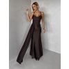 Tmavě hnědé společenské dlouhé šaty SATIN (Veľkosť ONESIZE)
