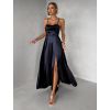 Tmavě modré saténové dlouhé společenské šaty LUNOREX (Veľkosť ONESIZE)