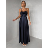 Tmavomodré saténové dlhé spoločenské šaty LUNOREX