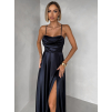 Tmavomodré saténové dlhé spoločenské šaty LUNOREX