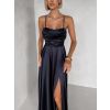 Tmavě modré saténové dlouhé společenské šaty LUNOREX (Veľkosť ONESIZE)