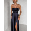 Tmavomodré saténové dlhé spoločenské šaty LUNOREX