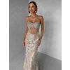 Béžové třpytivé luxusní plesové dlouhé šaty JEMIQUE (Veľkosť M)