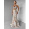 Béžové třpytivé luxusní plesové dlouhé šaty JEMIQUE (Veľkosť M)