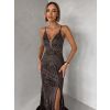 Hnědé luxusní plesové třpytivé šaty RAVELLE na ramínka (Veľkosť L)