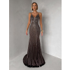 Hnedé luxusné plesové trblietavé šaty RAVELLE na ramienka