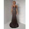 Hnědé luxusní plesové třpytivé šaty RAVELLE na ramínka (Veľkosť L)