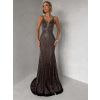 Hnědé luxusní plesové třpytivé šaty RAVELLE na ramínka (Veľkosť L)