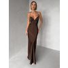 Tmavě hnědé společenské saténové dlouhé šaty ZUNDARA (Veľkosť L)