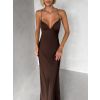 Tmavě hnědé společenské saténové dlouhé šaty ZUNDARA (Veľkosť L)