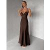 Tmavě hnědé společenské saténové dlouhé šaty ZUNDARA (Veľkosť L)